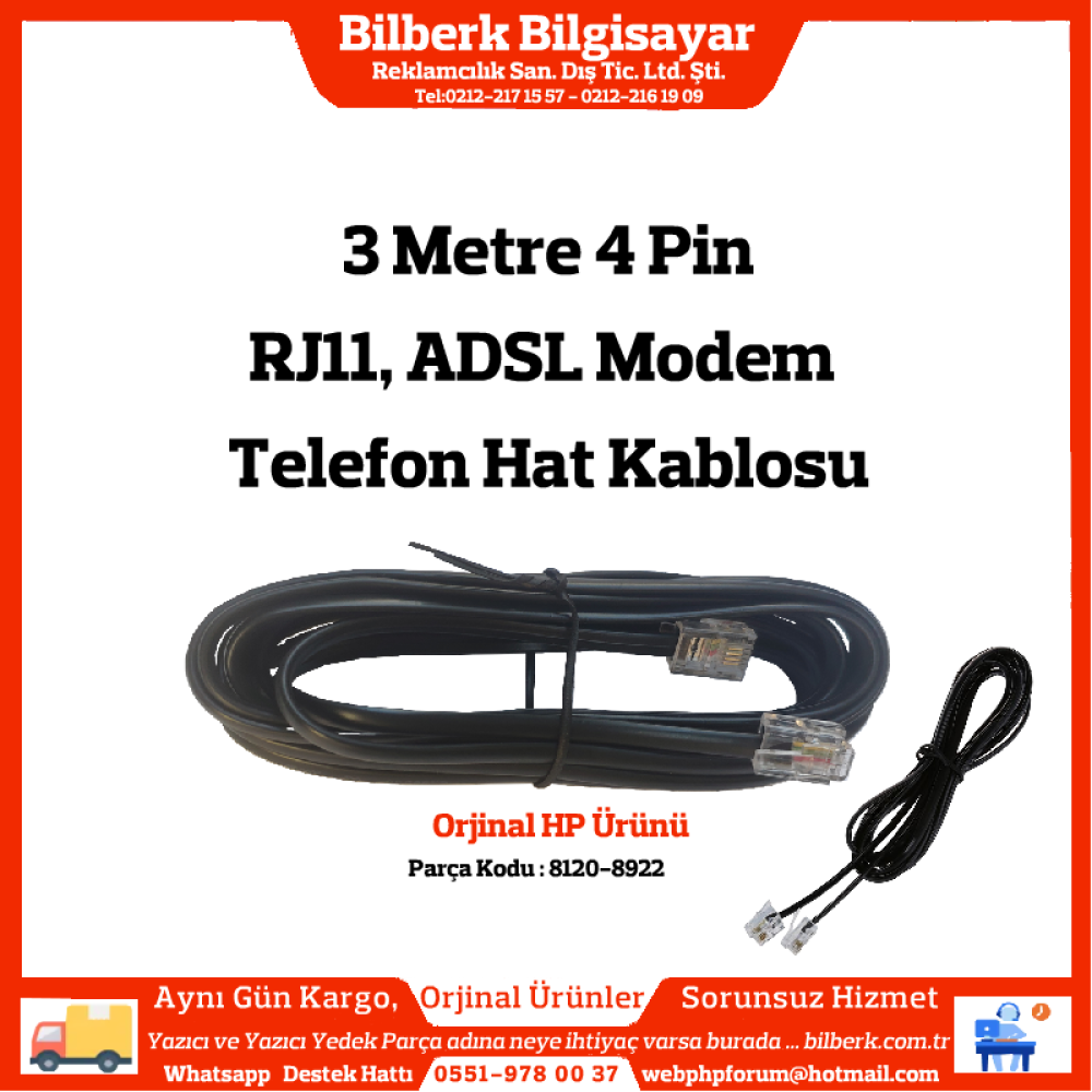 Telefon Hat Bağlantı Kablosu 4 Pinli Soketli RJ11 ADSL Modem Kablo 3 Metre